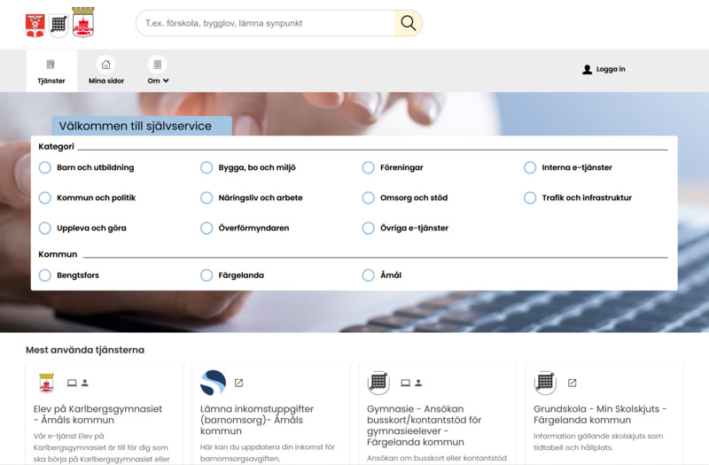 Skärmklipp på Åmåls kommuns nya självserviceplattform