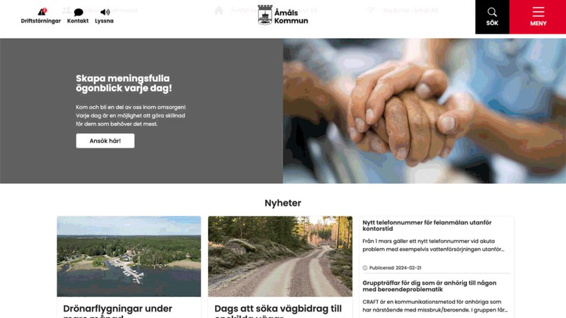 Skärmklipp från Åmåls kommuns nya hemsida